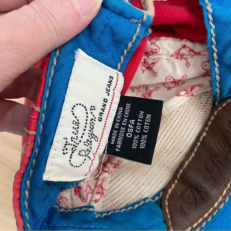 True Religion VTG The Buddha rode en leren distressed hoed Y2K rood blauw ZELDZAAM afbeelding 11