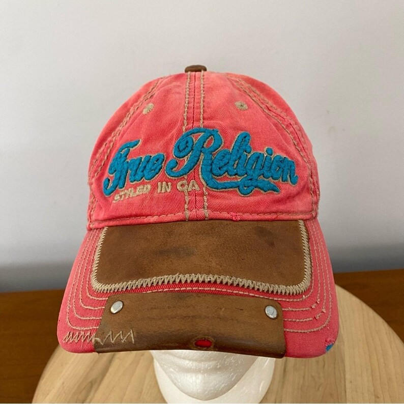 True Religion VTG The Buddha rode en leren distressed hoed Y2K rood blauw ZELDZAAM afbeelding 3