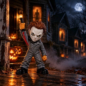 May include: A stylized figurine of a character with a white mask and brown hair, wearing a grey jumpsuit and black boots. The figure holds a silver knife with a red blood-like stain on the blade, standing on a wooden porch with pumpkins.