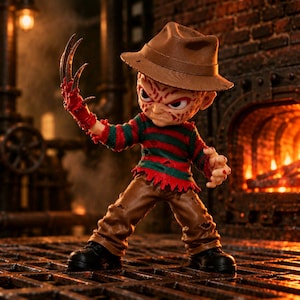 May include: A stylized figurine of a character wearing a brown fedora, a red and dark green striped long-sleeve sweater with a frayed hem, and brown trousers. The figure has a scarred face and a glove with long metal blades on the right hand.