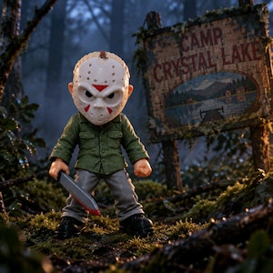 May include: A stylized figurine wearing a white hockey mask with red triangular markings, a green button-down shirt, and gray pants. The figure holds a silver knife with a red tip and stands before a sign reading CAMP CRYSTAL LAKE.