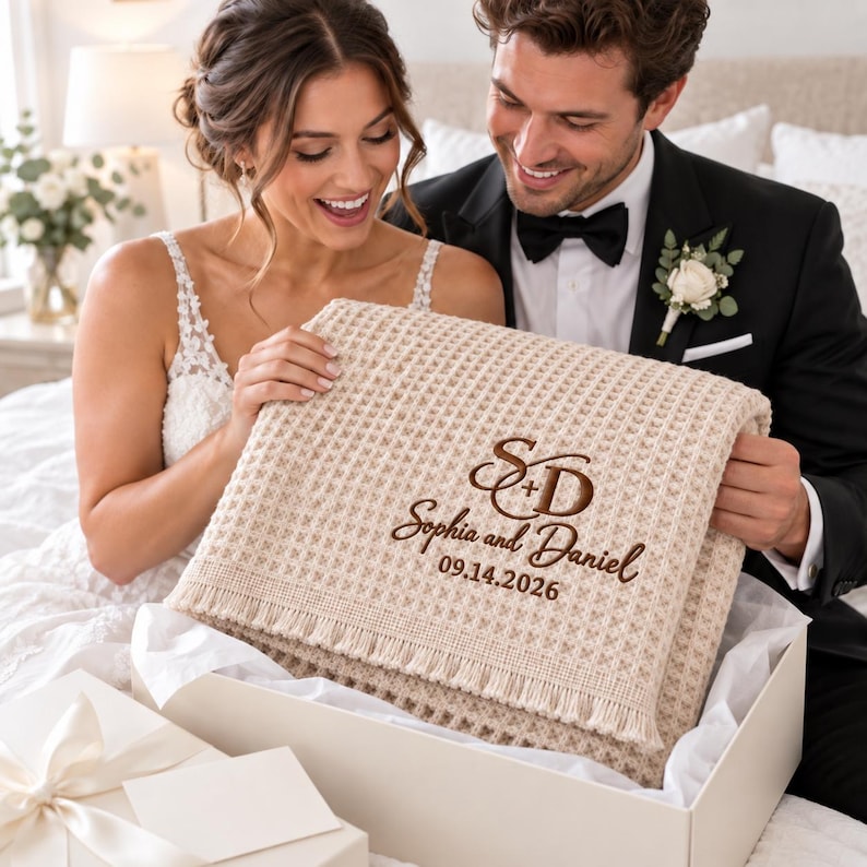 Parchment waffle throw featuring a personalized wedding embroidery positioned near the lower corner.
The design includes a large intertwined “S + D” monogram, “Sophia and Daniel” in script, and the date “09.14.2026” below.
All details are embroidered in deep brown thread for a clear contrast against the light Parchment fabric.
The elegant corner placement creates a personalized monogrammed wedding throw design.
