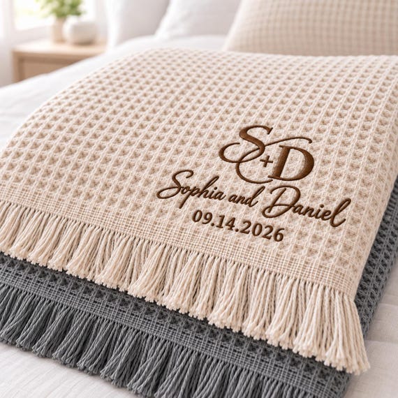 Personalized Throw Blanket Embroidered - Custom Monogrammed Wedding Quilt With Names & Date - Couple Wedding Gift, Housewarming Gift