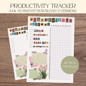 Könnte beinhalten: Ein ausdruckbarer Produktivitäts-Tracker mit dem Text Productivity Tracker, High, Moderate, Low, Rest Day und Unproductive im Collage-Stil. Enthält ein Monatsraster, einen Notizbereich mit einer rosa Klammer, einem Stern und rosa Tulpen.