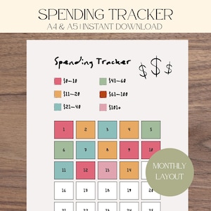 May include: A printable spending tracker sheet featuring a grid of numbered squares from 1 to 31. The document includes a color-coded legend for dollar ranges, the text "Spending Tracker," and a circular badge labeled "MONTHLY LAYOUT" in sage green.