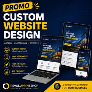 Könnte beinhalten: Eine Werbegrafik für individuelle Website-Design-Dienstleistungen mit einem Laptop, Tablet und Smartphone, die eine Website mit dem Text "WE BUILD WEBSITES THAT GROW YOUR BUSINESS" zeigen. Das Design nutzt gelben und weißen Text auf dunkelblauem Grund.