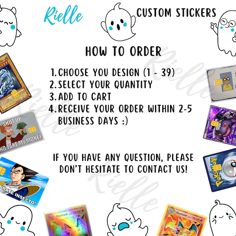 Op de afbeelding: Een witte informatieve afbeelding voor aangepaste stickers met cartoon-geestillustraties en diverse kaartontwerpen met personages. De tekst beschrijft de bestelstappen en bevat een uitnodiging voor contact met de klantenservice.