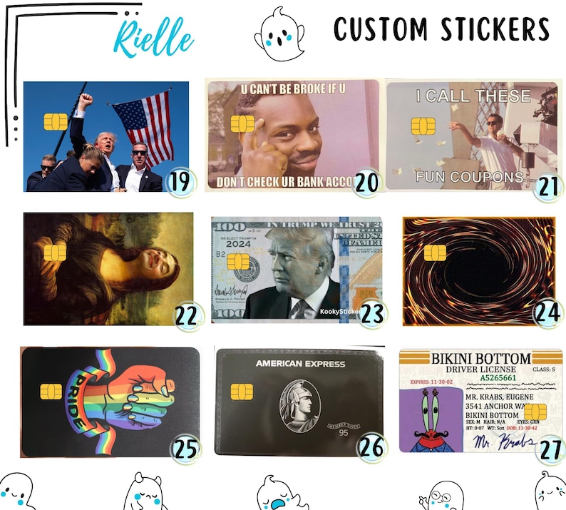 Op de afbeelding: Een verzameling van negen rechthoekige creditcardstickers met diverse ontwerpen, waaronder politieke figuren, memes, de Mona Lisa, een vortex, een regenboogvuist, een American Express-logo en een Bikini Bottom-rijbewijs, elk met een gouden chip.