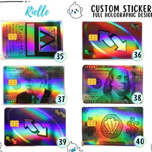 May include: A collection of six rectangular holographic stickers designed to look like credit cards, labeled 35 through 40. Designs include a Roman numeral card, reverse game cards, a portrait of Donald Trump, a 100 dollar bill, and a shell dollar bill.