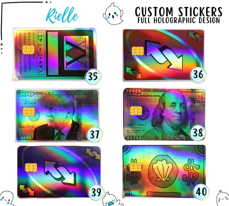 May include: A collection of six rectangular holographic stickers designed to look like credit cards, labeled 35 through 40. Designs include a Roman numeral card, reverse game cards, a portrait of Donald Trump, a 100 dollar bill, and a shell dollar bill.