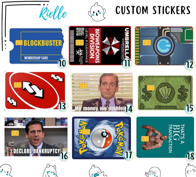 Op de afbeelding: Een verzameling rechthoekige aangepaste stickers voor creditcards, met diverse popcultuurthema's zoals Blockbuster, Umbrella Corporation, Uno-kaarten, memes, Pok&eacute;mon en grappige teksten, elk voorzien van een afbeelding van een gouden chip.