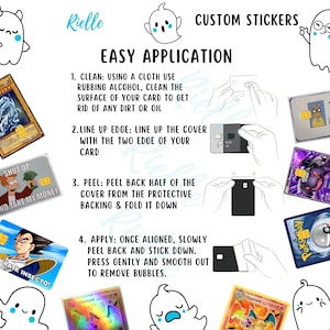 Op de afbeelding: Een instructieve afbeelding voor aangepaste kaartstickers met vier stappen: reinigen, rand uitlijnen, pellen en aanbrengen. De tekst bevat 'EASY APPLICATION' en gedetailleerde instructies, omringd door diverse kaartontwerpen.