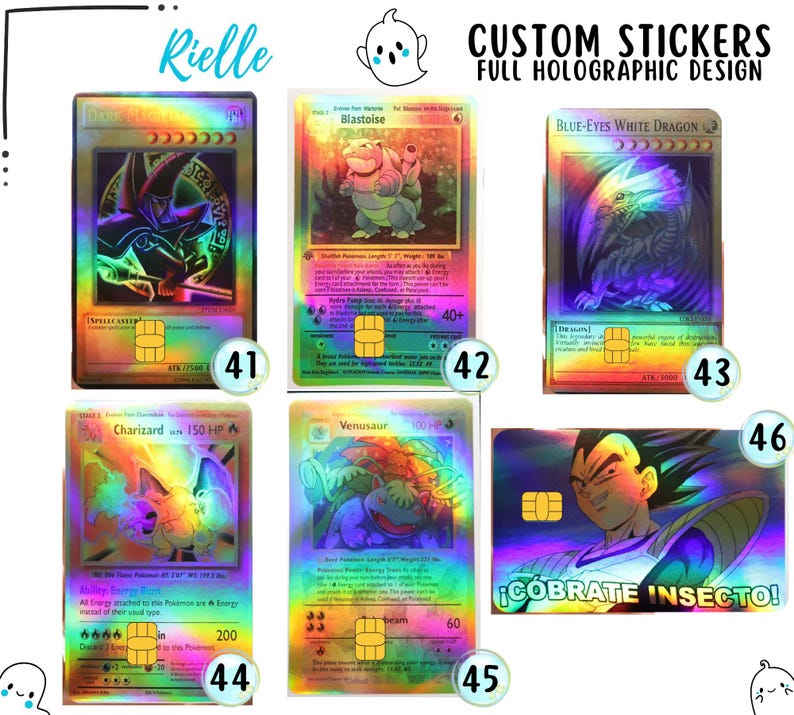 May include: A collection of six rectangular holographic stickers featuring various character illustrations, including Dark Magician, Blastoise, Blue-Eyes White Dragon, Charizard, Venusaur, and Vegeta with the text &iexcl;C&Oacute;BRATE INSECTO!. Each sticker includes a gold chip graphic.