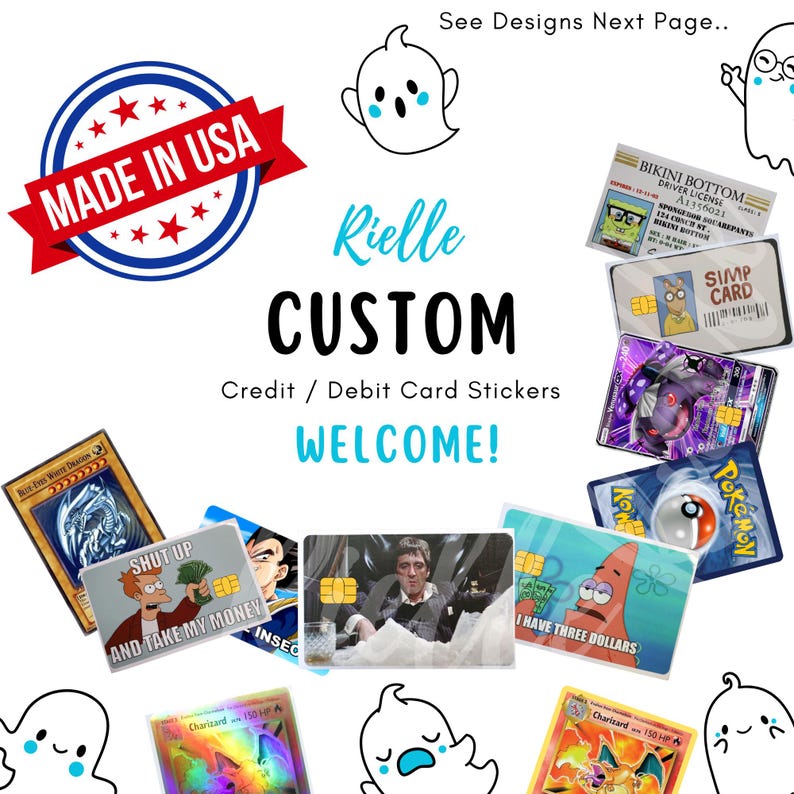 Op de afbeelding: Een verzameling aangepaste creditcard- en pinpasstickers met diverse popcultuurontwerpen, waaronder stripfiguren, ruilkaartafbeeldingen en filmverwijzingen. De afbeelding bevat een Made in USA-badge en spookillustraties.