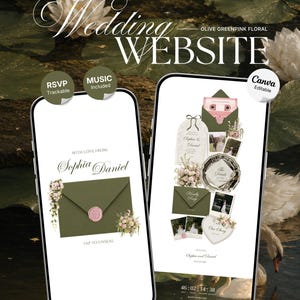 Könnte beinhalten: Zwei Smartphones zeigen eine Hochzeits-Website-Vorlage mit olivgrünen und rosafarbenen Blumenmotiven. Die Bildschirme zeigen digitale Einladungen, eine rosa Kassette, Fotos und einen Countdown-Timer. Text: "Wedding Website", "Sophia Daniel", "Canva Editable".