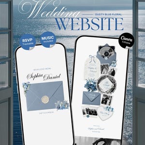 Dusty Blue Floral  Wedding Website Template with RSVP, Music and Countdown Timer: Canva Editable Template (Digital Download)