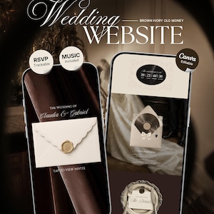 May include: Two smartphones displaying a brown and ivory wedding website template. The screens feature text including Wedding Website, The Wedding of Claudia & Gabriel, RSVP, Music Included, and Canva Editable, with graphics of an envelope and vinyl.