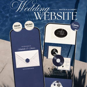 Puede incluir: Dos teléfonos inteligentes muestran una plantilla de sitio web de bodas azul marino con texto blanco que dice Wedding Website, The Wedding of Arabella & James y Tap to View Invite. El diseño incluye un sobre blanco con un sello de cera azul y un vinilo.