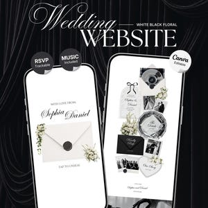 White Black Floral Wedding Website Template with RSVP, Music and Countdown Timer: Digital Wedding Template (Digital Download)