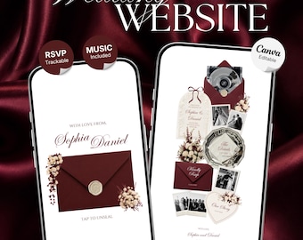 Plantilla para sitio web de bodas en tonos burdeos y marfil / Invitación digital vintage con confirmación de asistencia, música y temporizador de cuenta regresiva (descarga digital)