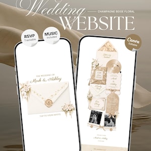 May include: Two smartphones displaying a champagne beige floral wedding website template. The screens show invitation designs with envelopes, wax seals, floral accents, and text including The Wedding of Mark & Ashley, RSVP, and Music Included.