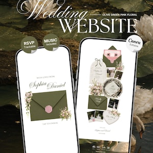 Modèle de site web de mariage floral vert olive et rose avec RSVP, musique et compte à rebours : Modèle de mariage (Téléchargement numérique)