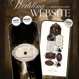 Old Money Wedding Website Template | Brown & Ivory Digital Wedding Invitation with RSVP, Music and Countdown Timer | Instant Download