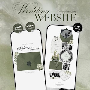 Hochzeitswebsite-Vorlage in Salbeigrün und Elfenbein mit floralem Muster, inklusive RSVP-Funktion, Musik und Countdown-Timer: Bearbeitbare Canva-Website (Digitaler Download)