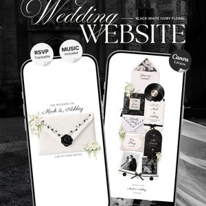 White & Black Floral Wedding Website Template | Editable Invitation with RSVP, Music and Countdown Timer (Digital Download)