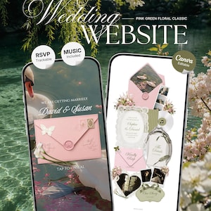 Peut inclure: Deux smartphones affichent un modèle de site web de mariage floral rose et vert. Les écrans présentent des invitations numériques, des enveloppes avec des sceaux de cire, des collages photo et du texte incluant "David & Susan" et "Wedding Website".