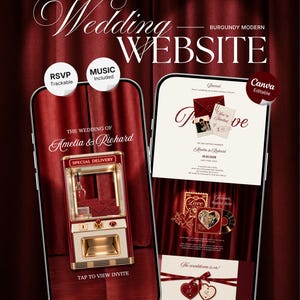 May include: Two smartphones displaying a burgundy-themed wedding website template. The screens feature text including Wedding Website, The Wedding of Amelia & Richard, Special Delivery, and a countdown timer with heart-shaped icons and red ribbons.