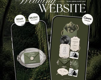 Olive Old Money Wedding Website Template with RSVP, Music and Countdown Timer: Editable Canva Website (Digital Download)