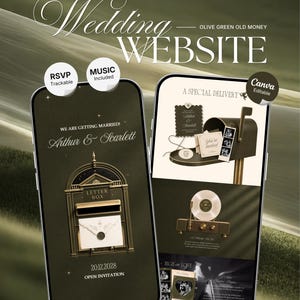 May include: Two smartphones displaying a wedding website template in olive green. The screens show text including "Wedding Website," "Arthur & Scarlett," "20.12.2028," "A Special Delivery," and "High on Love," with graphics of a mailbox and a record player.
