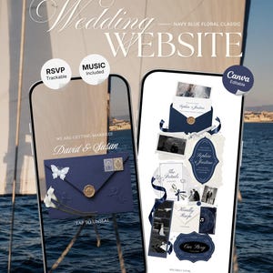 Puede incluir: Dos teléfonos inteligentes muestran una plantilla de sitio web de bodas clásica con motivos florales azul marino. Las pantallas presentan invitaciones digitales, seguimiento de RSVP, opciones de música y diseños editables de Canva.