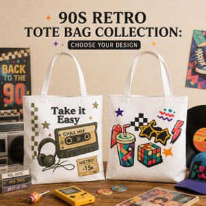 Puede incluir: Dos bolsas de tela blancas con estampados gráficos coloridos. La bolsa izquierda muestra un casete, auriculares y el texto "Take it Easy" y "A CHILL MIX". La bolsa derecha presenta un vaso de bebida, gafas de sol y un cubo de rompecabezas.