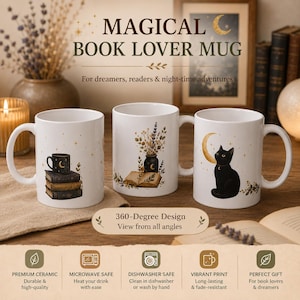 May include: Three white ceramic mugs featuring a 360-degree design with illustrations of a stack of books, a vase of dried flowers on an open book, and a black cat under a golden crescent moon, accented with small gold stars and foliage.
