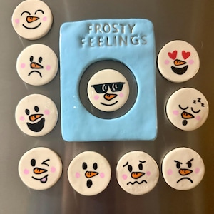 May include: A light blue rectangular frame with the text FROSTY FEELINGS embossed on it, containing a circular snowman face with sunglasses. Surrounding the frame are nine circular snowman faces with various facial expressions.