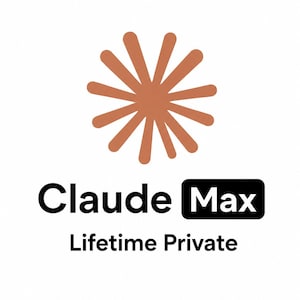 Puede incluir: Un logotipo que presenta un icono de estallido solar de color terracota con doce rayos situado sobre el texto negro Claude Max, con la palabra Max dentro de un rectángulo negro redondeado, seguido del texto Lifetime Private en letras negras.