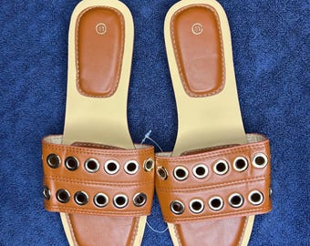 Handmade Brown Women’s Slide Sandals | Leather-Look Flat Sandals | Comfortable Summer Slip-On Shoes | Size