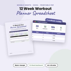 12 Week Workout Planner Spreadsheet | Google Sheets & Excel Gym Program Calendar + Strength Tracker | Printable PDF