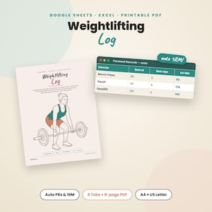 May include: A digital weightlifting log template for Google Sheets and Excel, featuring a printable PDF guide. The document displays a line drawing of a person lifting a barbell, a personal records table with auto 1RM calculations, and text labels.