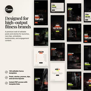 Könnte beinhalten: Eine Sammlung digitaler Marketingvorlagen für Fitnessmarken mit schwarzem, weißem und neongrünem Text. Die Layouts enthalten Titel wie Race Ready Templates, 6-Week Challenge, 4 Warm-Up Essentials und 4 Sled Push Mistakes mit verschiedenen Bildern.