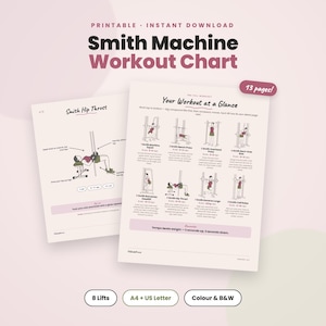 Puede incluir: Una tabla de ejercicios para máquina Smith imprimible con 13 páginas de instrucciones. El documento incluye ilustraciones de 8 levantamientos, como sentadillas y empujes de cadera, con texto que detalla series, repeticiones y consejos.