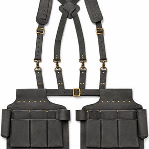 Full Grain Leather Tool Belt Rig with Suspenders, Heavy Duty Carpenter Work Gear