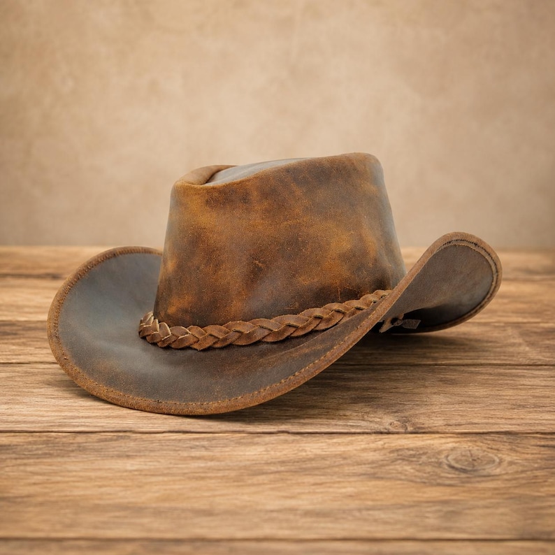 May include: A brown leather cowboy hat with a distressed finish and a braided leather band encircling the base of the crown. The hat features a wide, curved brim and a structured, rounded crown, showcasing natural variations in the leather texture.