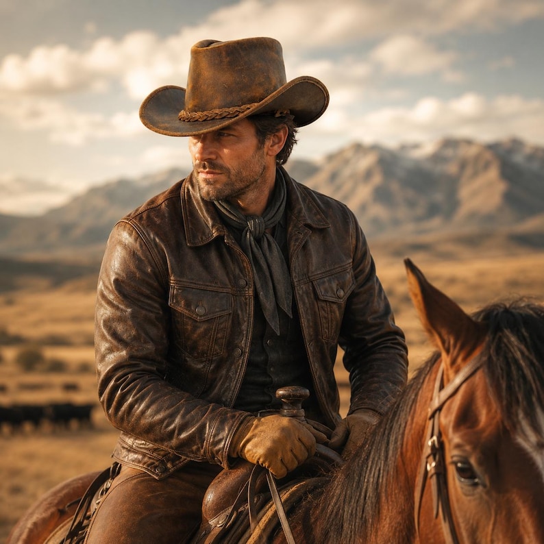 May include: A brown leather jacket with a button-down front and chest pockets, worn with a dark neckerchief, tan leather gloves, and a distressed brown cowboy hat with a braided band, positioned on a brown horse in a mountainous landscape.