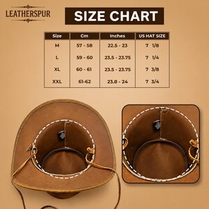 May include: A brown leather hat shown from an overhead perspective with an interior view, accompanied by a size chart labeled LEATHERSPUR. The chart lists sizes M, L, XL, and XXL with corresponding measurements in cm, inches, and US hat sizes.