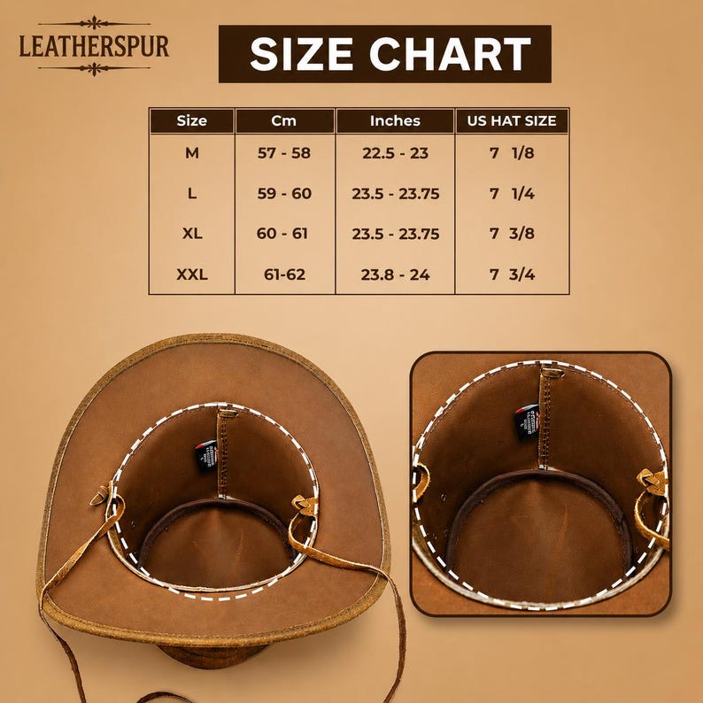 May include: A brown leather hat shown from an overhead perspective with an interior view, accompanied by a size chart labeled LEATHERSPUR. The chart lists sizes M, L, XL, and XXL with corresponding measurements in cm, inches, and US hat sizes.