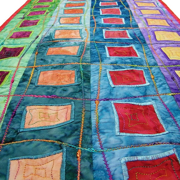 Geometric Fiber Textile Art Quilted Wall Hanging Bright Colors