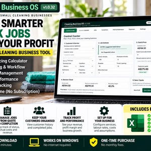 Könnte beinhalten: Eine digitale Software-Oberfläche mit dem Titel Cleaning Business OS v1.0.32 auf einem Laptop-Bildschirm. Das Dashboard enthält Bereiche für Kundenservice, Kostenvoranschläge, Preisberechnungen und eine Gewinnmargen-Kontrolle.